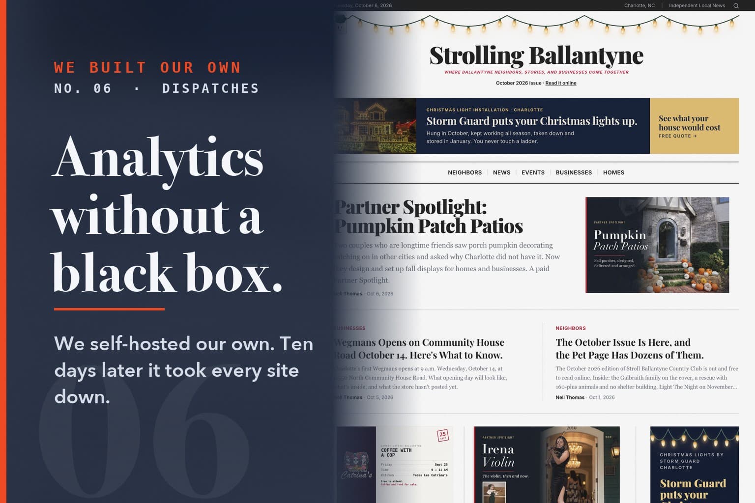 Series card No. 06: Analytics without a black box. Over a screenshot of the platform (strollingballantyne com).