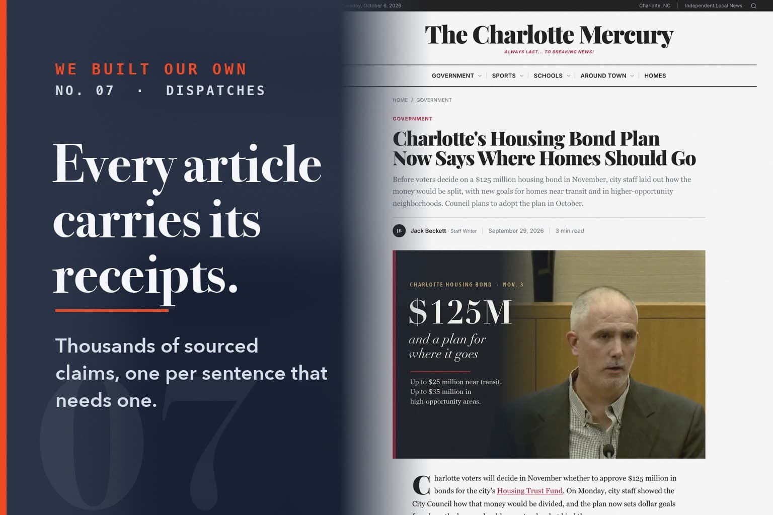 Series card No. 07: Every article carries its receipts. Over a screenshot of the platform (cltmercury com government).