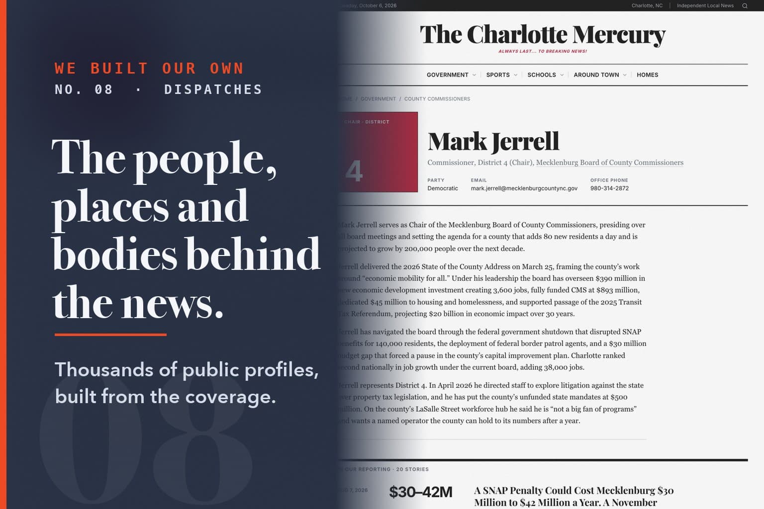 Series card No. 08: The people, places and bodies behind the news. Over a screenshot of the platform (cltmercury com about mark-jerrell).