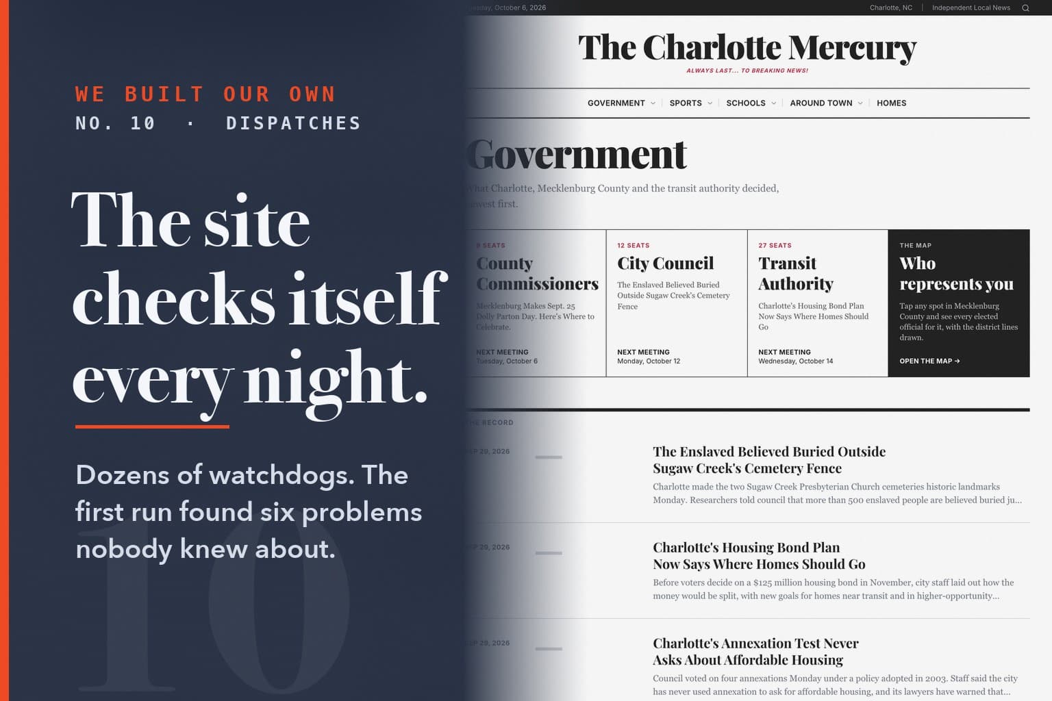 Series card No. 10: The site checks itself every night. Over a screenshot of the platform (cltmercury com about).