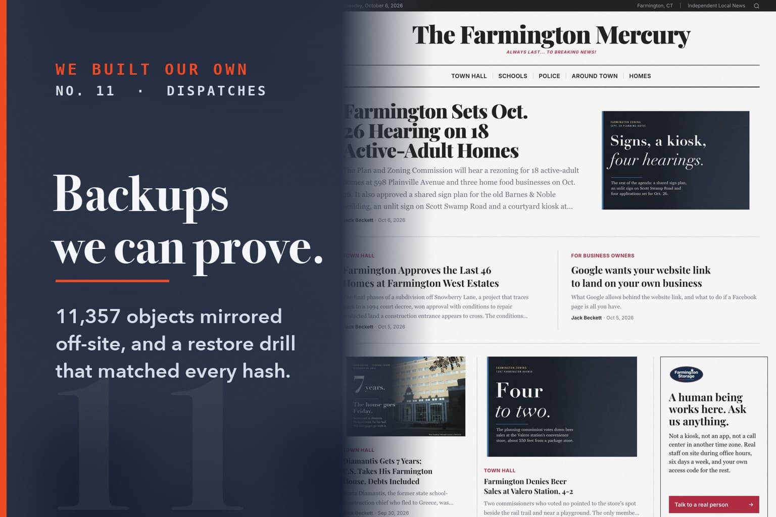 Series card No. 11: Backups we can prove. Over a screenshot of the platform (farmingtonmercury com).