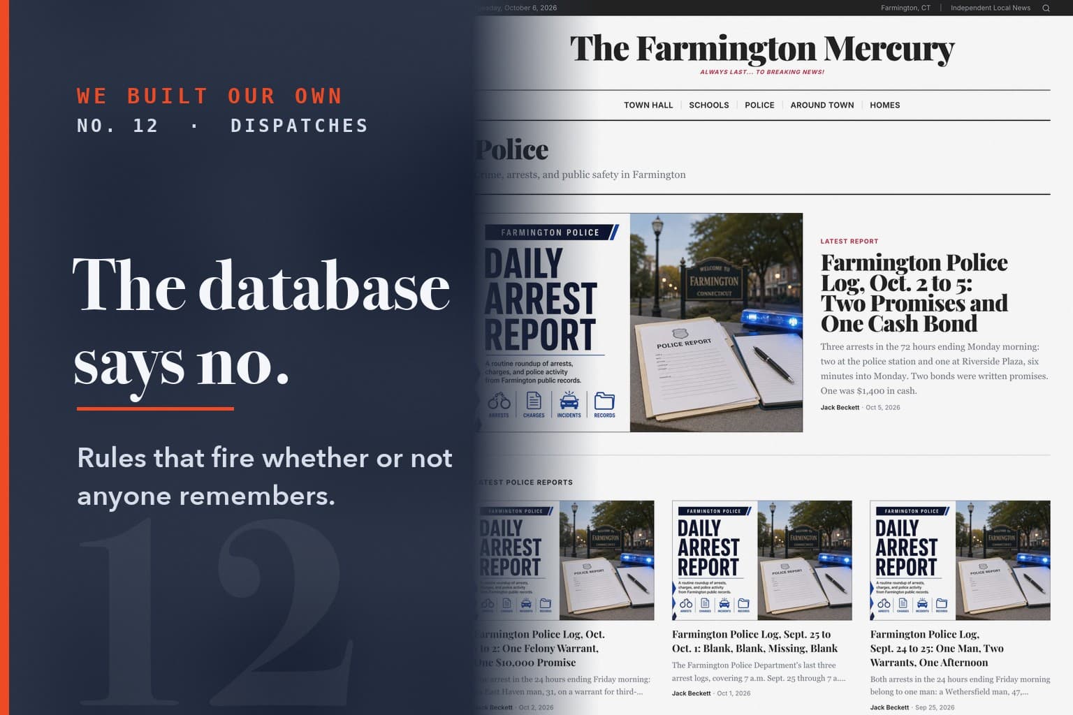 Series card No. 12: The database says no. Over a screenshot of the platform (farmingtonmercury com police).