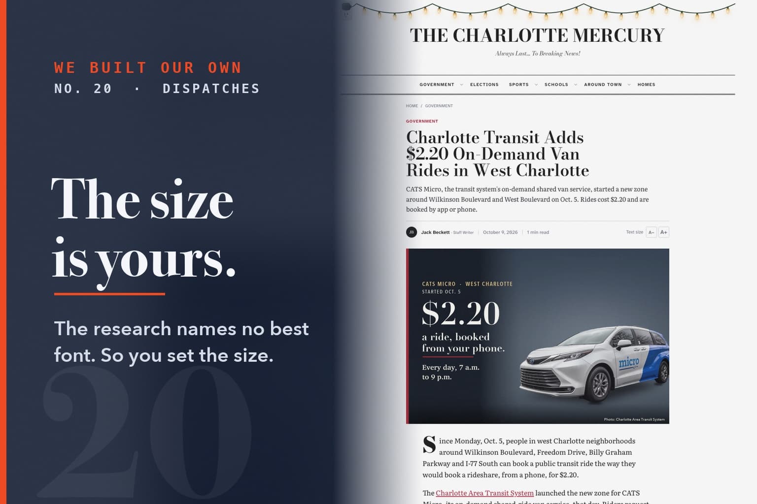 Series card No. 20, The size is yours, over a Charlotte Mercury article in the new type with the Text size buttons.